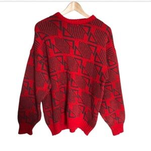 Vintage Scandi Geometric Red and Black Men's Crewneck Wool Sweater Medium
